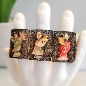 Chinese Carved Ivory Stone & Filigree Pattern Chinese Gods Bracelet